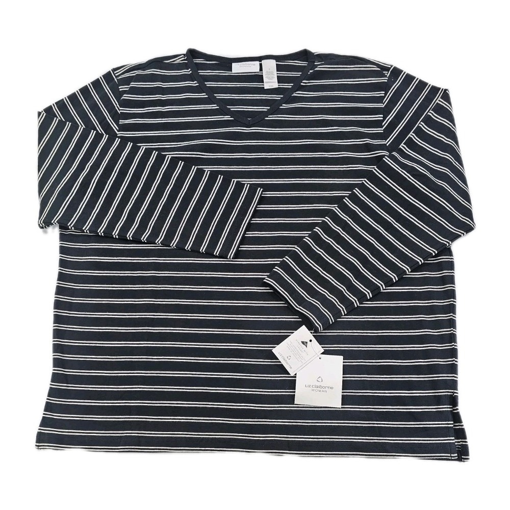 Liz Claiborne Women's 3/4 Sleeve V-Neck Blouse 2X Black White Striped LEMU4595